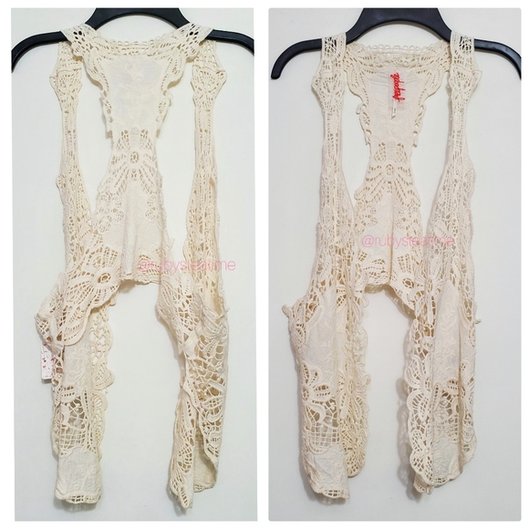 FREE PEOPLE Boho Ivory Crochet Lace Long Vest, Gypsy, Vintage Look, New with Tag - Picture 2 of 7